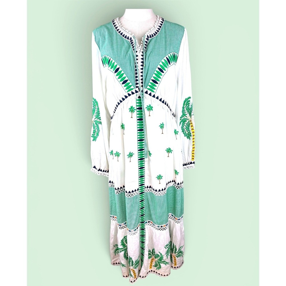 Farm Rio Palm Tree NWT Embroidered Maxi Dress L White Green Gingham Boho Linen - Picture 3 of 16
